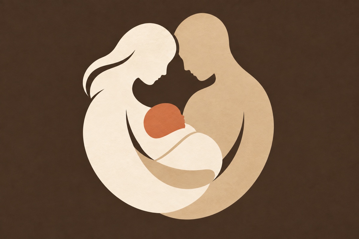 Symbolische Illustration zweier Eltern, die ihr Baby umarmen